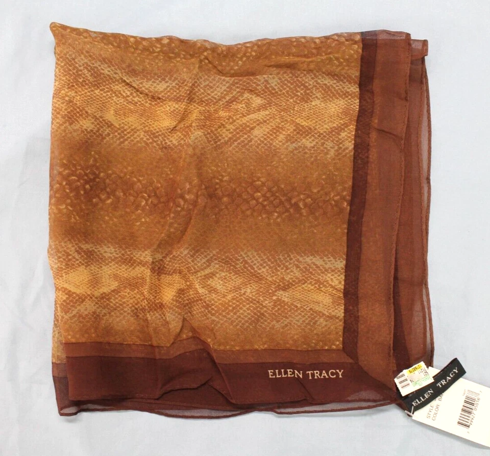 全新带标签 ELLEN TRACY 棕色蛇皮印花方形 SHEER 丝绸 CHIFFON 围巾/发带 — 第 1/4 张图片