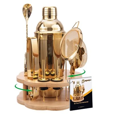 Cocktail Shaker Set Bartender Kit With Rotating Bamboo Stand11 Piece Bar Set Sta - Image 1 of 4