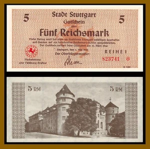 Germany 5 Reichsmark Notgeld, 1945/ 1946 Allied Occupation City Stuttgart Unc - Picture 1 of 1