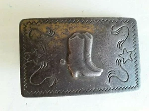 Vintage Tarnished Brass Belt Buckle w Cowboy Boots & Stars Western 2x3" - Picture 1 of 6