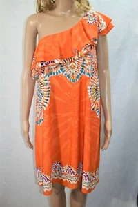 Vestido Talla Grande Estampado Naranja Un Hombro Volantes - Imagen 1 de 6
