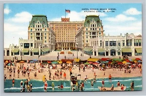 Postcard Hotel Dennis Beach Scene Beachgoers People Atlantic City New Jersey VTG - Picture 1 of 3