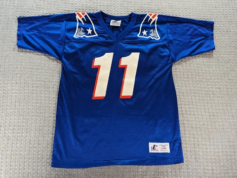 New England Patriots Drew Bledsoe Football Jersey Youth Large Blue Logo Athletic Cover