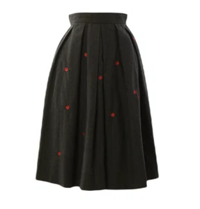 60s Vintage Pleated Skirt Embroidered Circle Skirt Red Flower Pin UpDark Gray XS - Picture 1 of 5