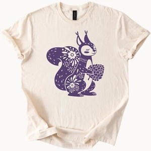 Boho Squirrel Shirt Floral Woodland Animal Graphic Tee Fall Nature Top - Picture 1 of 6