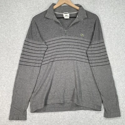 Suéter Lacoste 5 (L) Gris Rayas Ligero Algodón Cachemira 1/4 Cremallera Pullover Foto 1 de 4