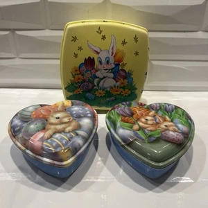 Easter Heart Containers Ullman Co Bunny Chick Eggs Tulips 3 Pcs Vintage Plastic - Picture 1 of 12
