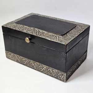 Antique Vintage Wooden Silver Metal Trinket Storage Jewelry Box 8x5.5x4.5 - Picture 1 of 12