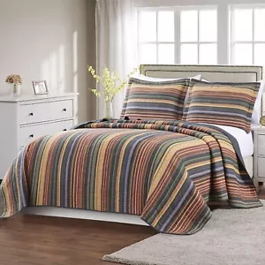 Chezmoi Collection Avery 3-piece Multi-Color Striped 100% Washed Cotton Quilt... - Picture 1 of 9