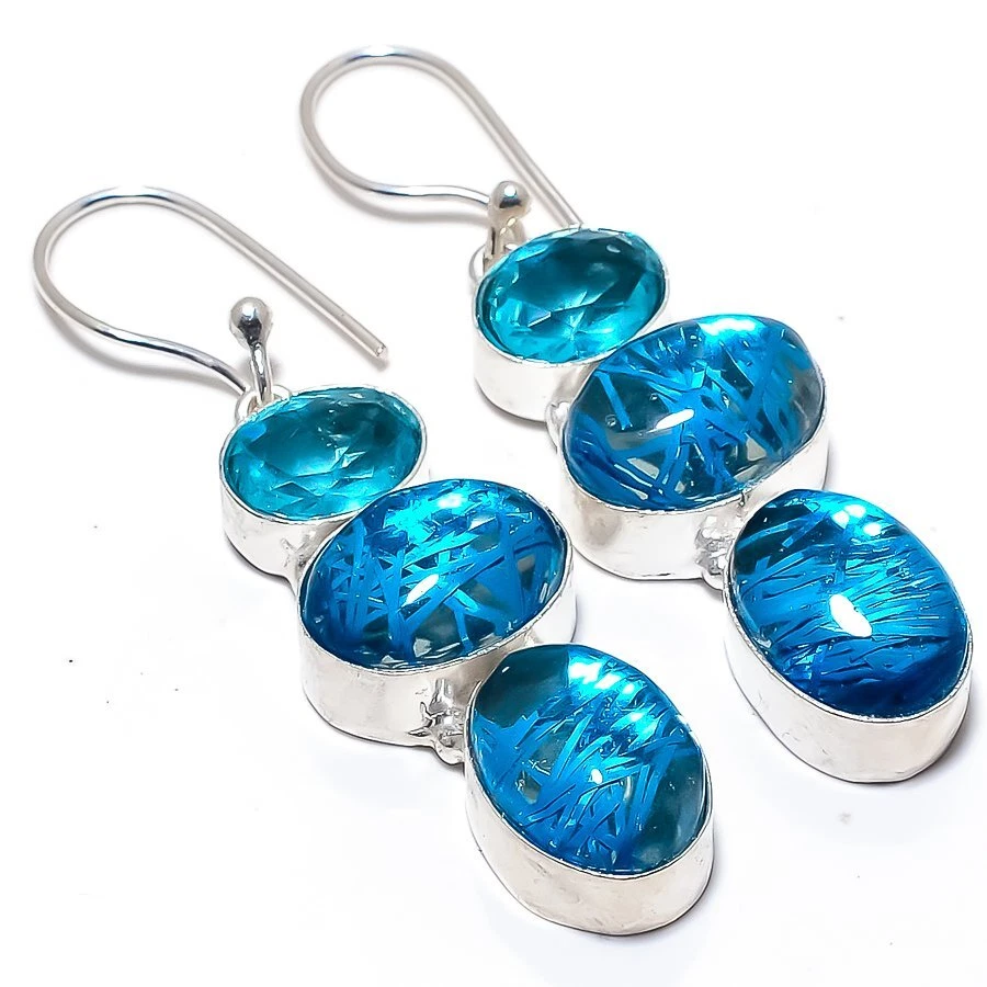 Blue Rutile Quartz Gemstone Handmade 925 Silver Jewelry Earring 2.4" R-2779 - Image 1 of 1