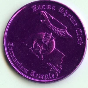 Mardi Gras Doubloon: Houma Shrine Club 1984 aluminio púrpura - Imagen 1 de 2