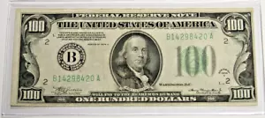 1934A $100 FRN NY - B 14298420 A - ERROR OFF CENTER CUT -CIRC - Picture 1 of 3
