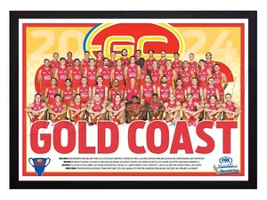 Framed 2024 Gold Coast Suns AFL Poster - 84cm x 59.5cm x 3cm - Picture 1 of 3