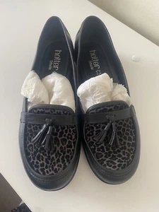 Hotter Alice Black Leather Loafers UK 5 Shoes Grey Leopard Trim Tassel NWOT - Picture 1 of 7