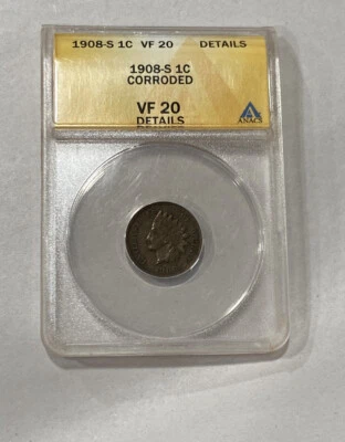 1908-S 1C VF 20 CORRODED Indian Head Cent ANACS Bronze Penny US Coin - Image 1 of 4