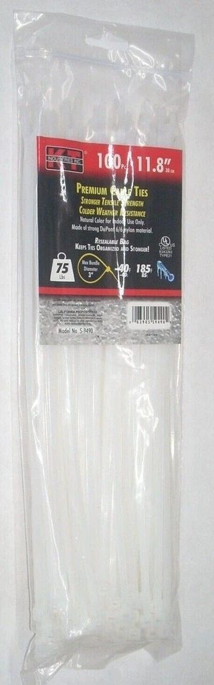 Bridas de cable blancas premium KT Industries 5-9490 11,8" de largo 75 lb tapa paquete de 100 Foto 1 de 1