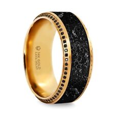 Band Lava Inlay with 10K Yellow Gold & Round Black Diamonds on Edges -10 mm