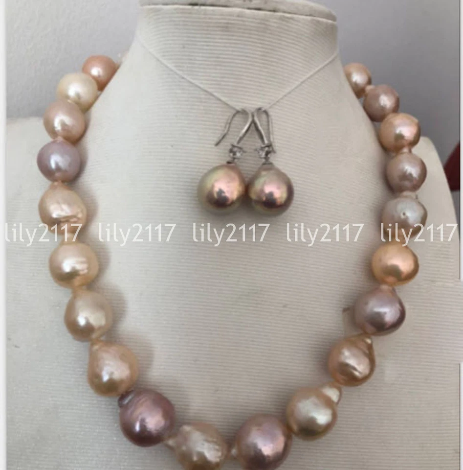 Beautiful Natural 13-14mm south sea baroque gold pink pearl necklace earring set - Image 1 of 4
