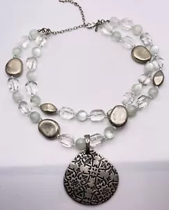 Premier Designs Silver Etched Pendant Double Strand Statement Necklace chunky - Picture 1 of 6
