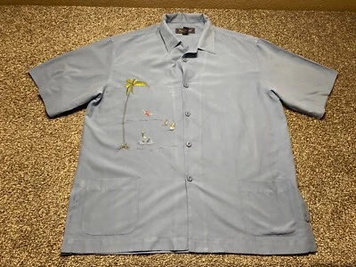 Nat Nast Shirt Embroidered Mens Large Blue Short Sleeve Button Up Tree Sailboats - Image 1 of 4