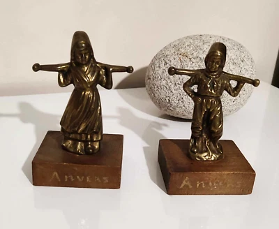 Serre livres en bronze anciens, Couple d'enfants signés Anvers - Vintage - Photo 1/4