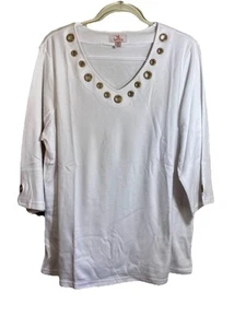 Quacker Factory 1X White V Neck Tunic Top Rhinestone Grommets 3/4 Sleeves NEW - Picture 1 of 10
