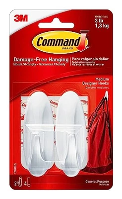 Command Medium Designer Hook, Pack of 2 Hooks and 4 Adhesive Strips, White - - Image 1 of 4