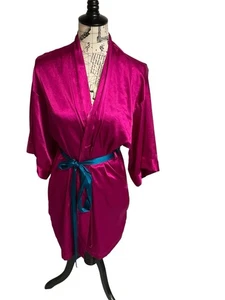 Victoria Secret Womens Kimono Fushia Teal Tie Satin Robe Small  - Picture 1 of 2