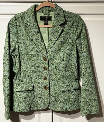 EDDIE BAUER Women’s GREEN Cotton Corduroy Floral Buttoned Blazer Jacket Size 10 - Image 1 of 4