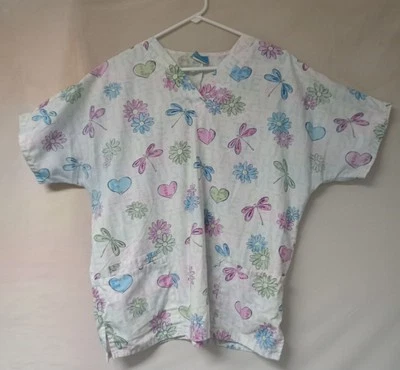 Scrubs HQ Size L Scrub Top Dragonflies Flower Pattern Has Pockets Medical Nurse - Image 1 of 4