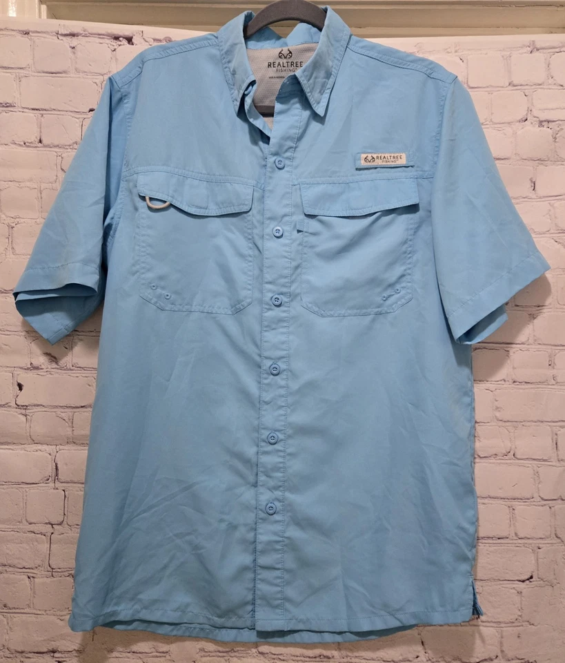 Realtree Fishing Mens Shirt S Button Up Vented Short Sleeve Pockets Blue - Image 1 of 3