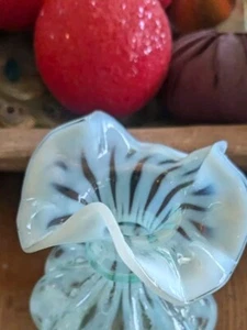 Fenton Vase Blue Opalescent Glass Ruffled Top Melon Vase Beaded  Trells Vintage - Picture 1 of 8