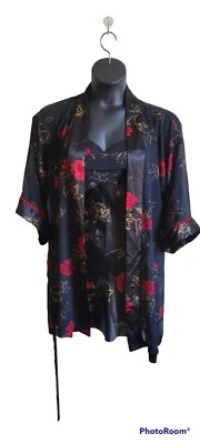 De Colección California Dinastía Negro Bata Camisón Líquido Satinado/Rosas de Gasa Floral S Foto 1 de 4