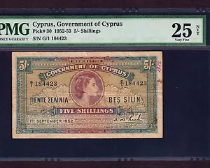 Cipro 5 scellini 1952 P-30 *PMG VF 25 netti * Regina Elisabetta * Raro * - Foto 1 di 2