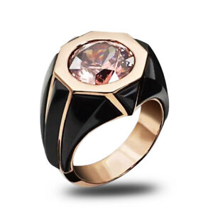 8*8mm Pink Sapphire Band Womens 18K Rose Gold Plated Black Enamel Ring Size 6-10