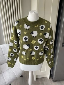 ZARA OLIVE KHAKI GREEN JACQUARD KNIT KNITTED LAMB SHEEP JUMPER SIZE S SMALL 8 10 - Picture 1 of 14