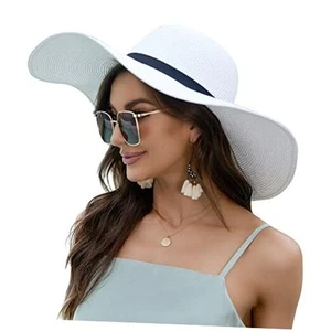 Women Wide Brim Sun Hat UPF50 Straw Summer Hat Floppy Beach One Size Tie White - Picture 1 of 7