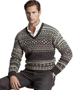 Polo Ralph Lauren Mens Sweater S Wool V-Neck Fair Isle Ski Gray Multi $298 NEW - Picture 1 of 13