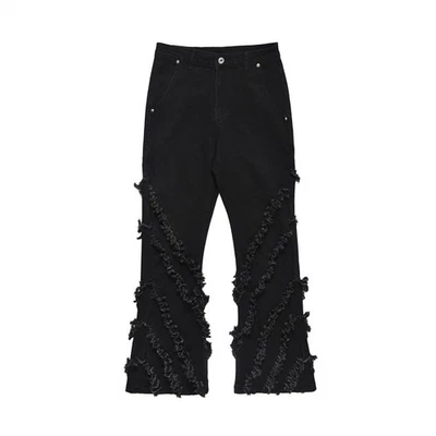 Punk Street Style Mens Long Flared Pants Fringe Splicing Boot-cut Trousers Black - Imagem 1 de 4