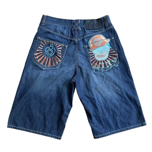 Eight 732 Jean Shorts Mens 36 Blue Skull Embroidered Denim Baggy Y2k Streetwear - Picture 1 of 12