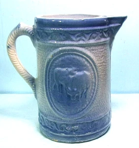 ANTIQUE VINTAGE BLUE & WHITE STONEWARE "COWS" PATTERN 8" PITCHER - Picture 1 of 6