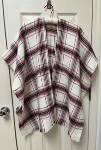 LOFT Soft Lightweight Poncho Cape Wrap Shawl white/black/red plaid, XS/S - Picture 1 of 5