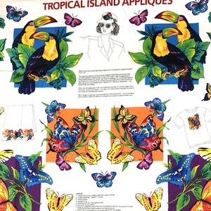 Fabric panel Tropical Island Appliques Cut Sew Birds Fish Butterflies Parrothead - Picture 1 of 7