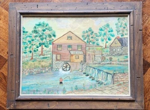 VINTAGE FOLK ART The Old Mill PAINTING Catskills Artist Nellie Bly Ballard b1894 - Bild 1 von 13