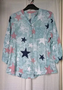 Sz 16? New Collection Made In Italy Aqua Mix Stars Print Viscose Blouse VGC - Picture 1 of 16