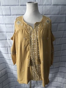NWT Style & Co Cold Shoulder Blouse Sz M Boho Pale Golden Sequins Embroidered - Picture 1 of 8
