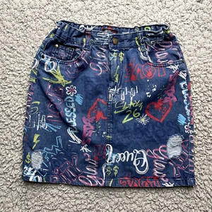 Girls Graphic Print Jean Skirt Size Large (12) Denim Midi Skirt Super Stretch - Picture 1 of 9