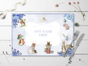 Personalised Blue Floral Rabbits and Woodland Characters Table Place Mat - Picture 1 of 4