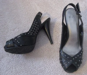 Elle Sexy Black Sling Back Pump Stiletto Open Toe Shoe w/ Silver Studs *Sz 7.5M - Picture 1 of 7