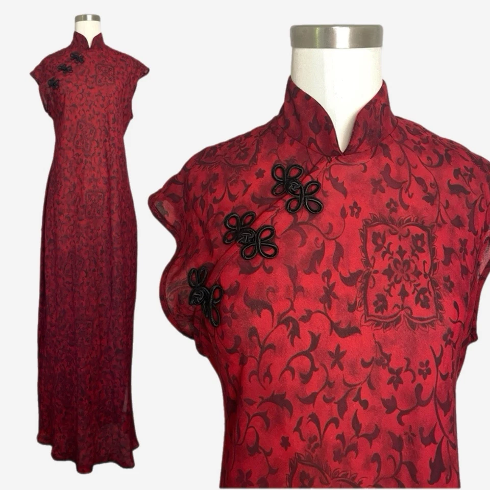 Maxi Vestido Vintage Años 90 Y2K Jessica Howard Rojo Cheongsam Global Audaz Transparente Elegante M Foto 1 de 4